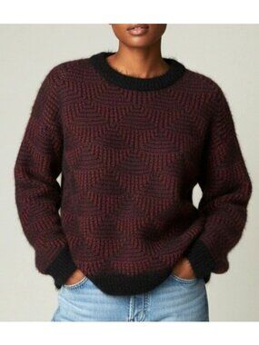 Eureka Fuzzy Lightweight Textured Knit Scalloped Sweater Maroon Black Size L